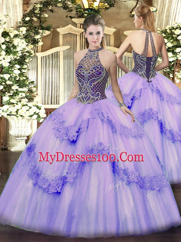 New Arrival Halter Top Sleeveless Tulle Quinceanera Gown Beading and Appliques Lace Up