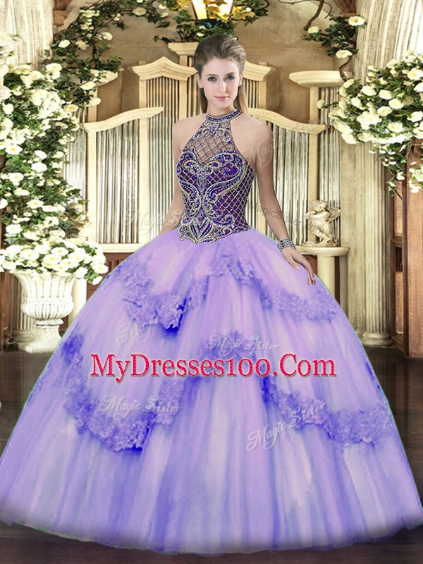 New Arrival Halter Top Sleeveless Tulle Quinceanera Gown Beading and Appliques Lace Up
