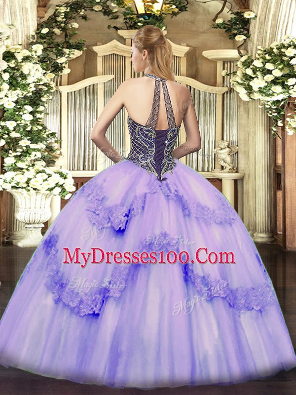 New Arrival Halter Top Sleeveless Tulle Quinceanera Gown Beading and Appliques Lace Up