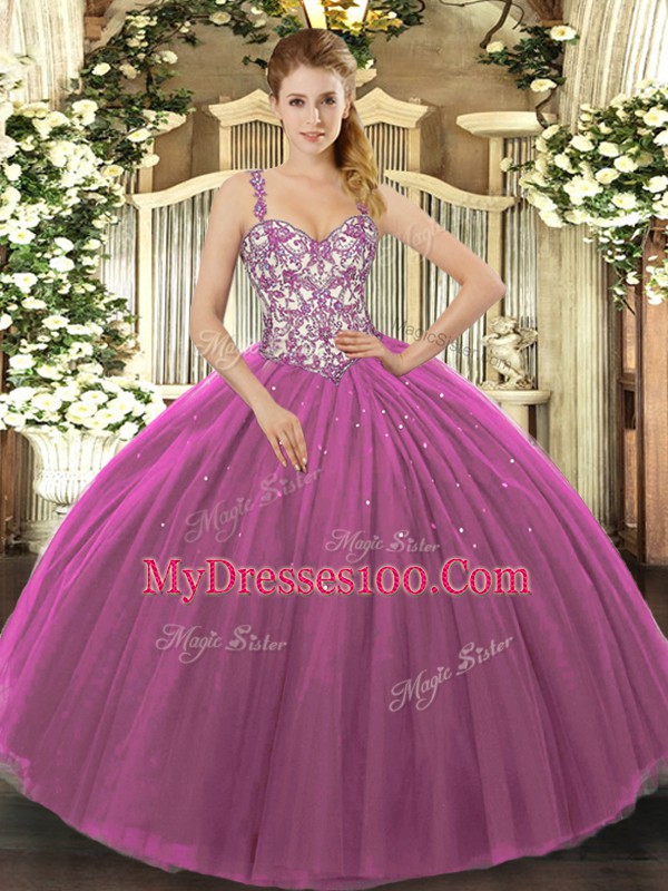 Exceptional Purple Quince Ball Gowns Sweet 16 and Quinceanera with Beading and Appliques Straps Sleeveless Lace Up