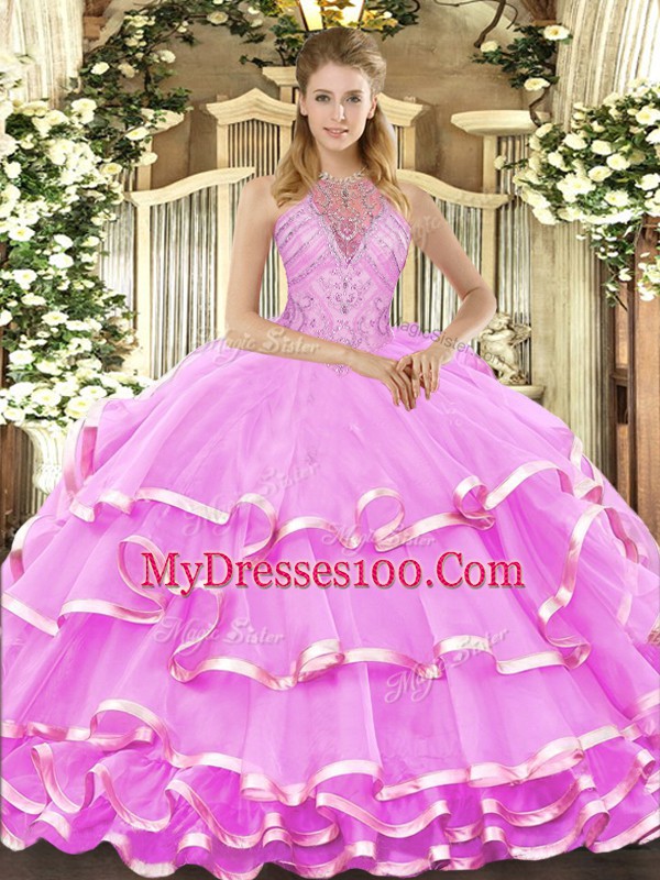 Sleeveless Organza Floor Length Lace Up 15 Quinceanera Dress in Lilac with Beading and Ruffled Layers
