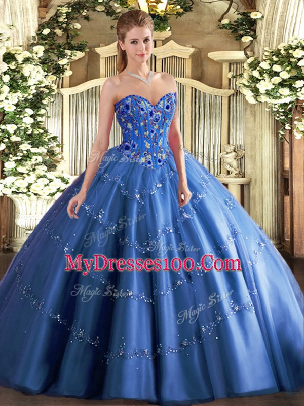 Free and Easy Blue Sleeveless Tulle Lace Up Sweet 16 Dresses for Military Ball and Sweet 16 and Quinceanera