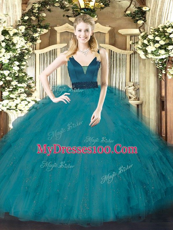 Hot Sale Teal Straps Zipper Beading and Ruffles Ball Gown Prom Dress Sleeveless