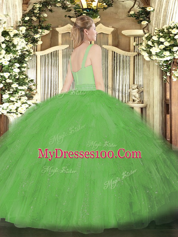 Hot Sale Teal Straps Zipper Beading and Ruffles Ball Gown Prom Dress Sleeveless
