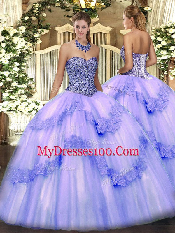 Custom Fit Lavender Ball Gowns Sweetheart Sleeveless Tulle Floor Length Lace Up Beading and Appliques and Ruffles Quinceanera Gowns