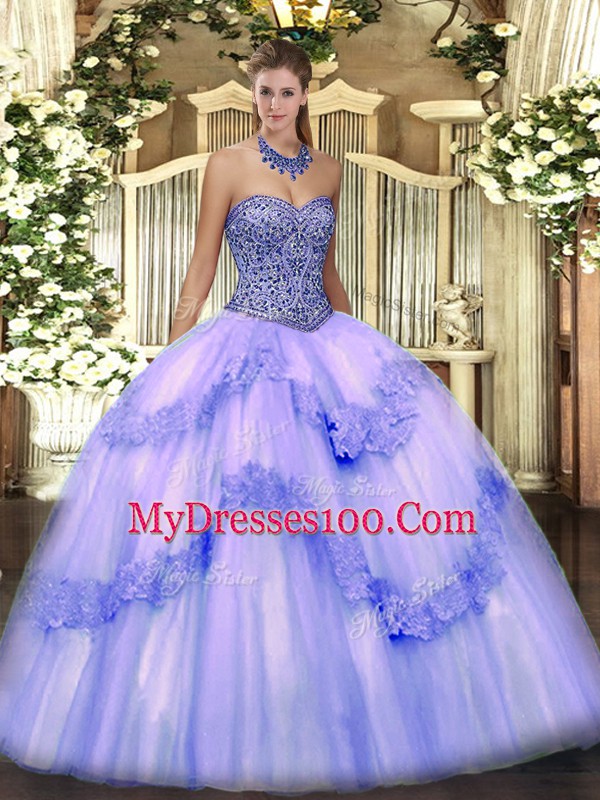 Custom Fit Lavender Ball Gowns Sweetheart Sleeveless Tulle Floor Length Lace Up Beading and Appliques and Ruffles Quinceanera Gowns