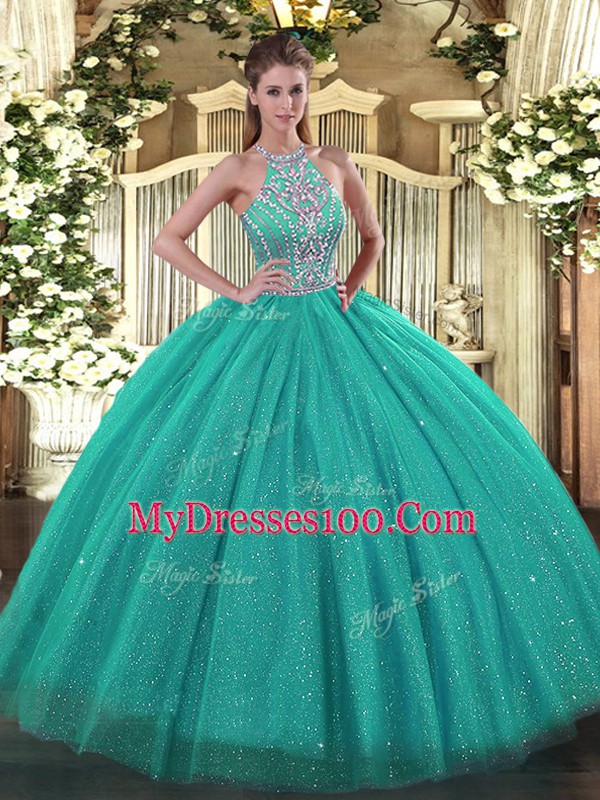 Floor Length Turquoise Quinceanera Gown Tulle Sleeveless Beading