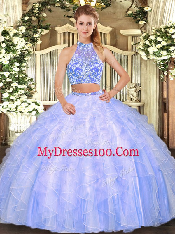 Top Selling Lavender Two Pieces Halter Top Sleeveless Tulle Floor Length Criss Cross Ruffles Sweet 16 Quinceanera Dress