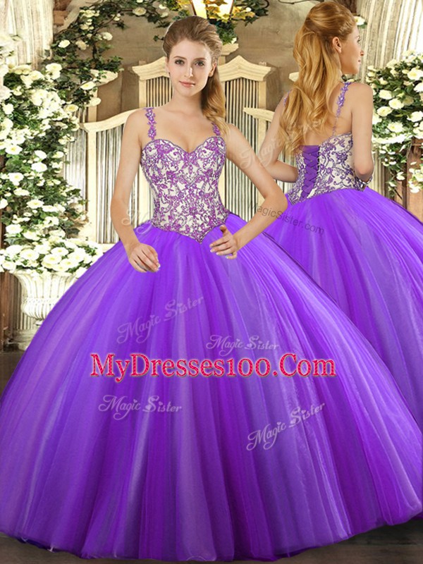 High Quality Sleeveless Lace Up Floor Length Beading and Appliques 15th Birthday Dress