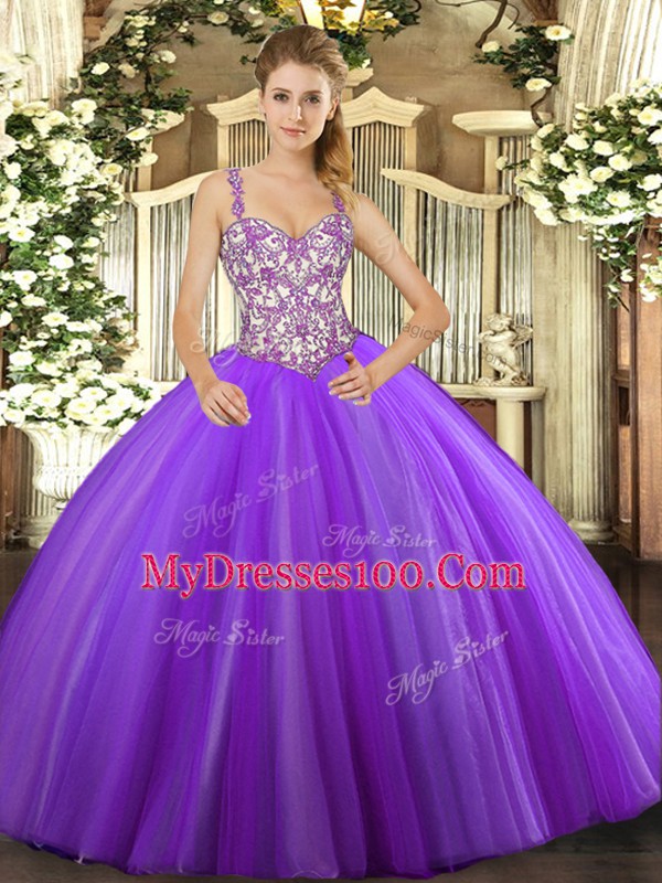 High Quality Sleeveless Lace Up Floor Length Beading and Appliques 15th Birthday Dress
