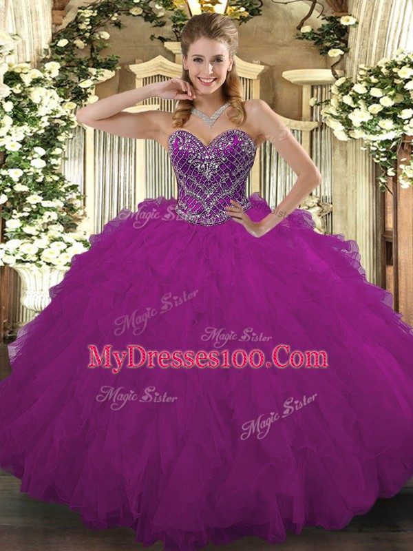 Fantastic Fuchsia Sleeveless Beading and Ruffled Layers Floor Length Quinceanera Dress