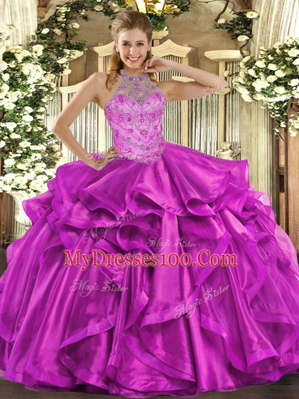 Fuchsia Ball Gowns Organza Halter Top Sleeveless Beading and Embroidery and Ruffles Floor Length Lace Up Vestidos de Quinceanera