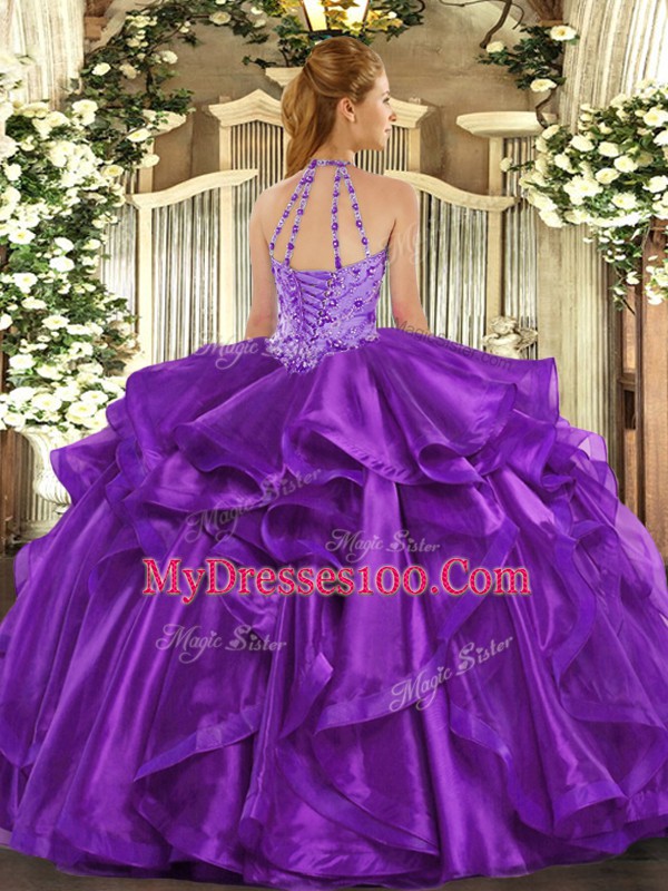 Fuchsia Ball Gowns Organza Halter Top Sleeveless Beading and Embroidery and Ruffles Floor Length Lace Up Vestidos de Quinceanera