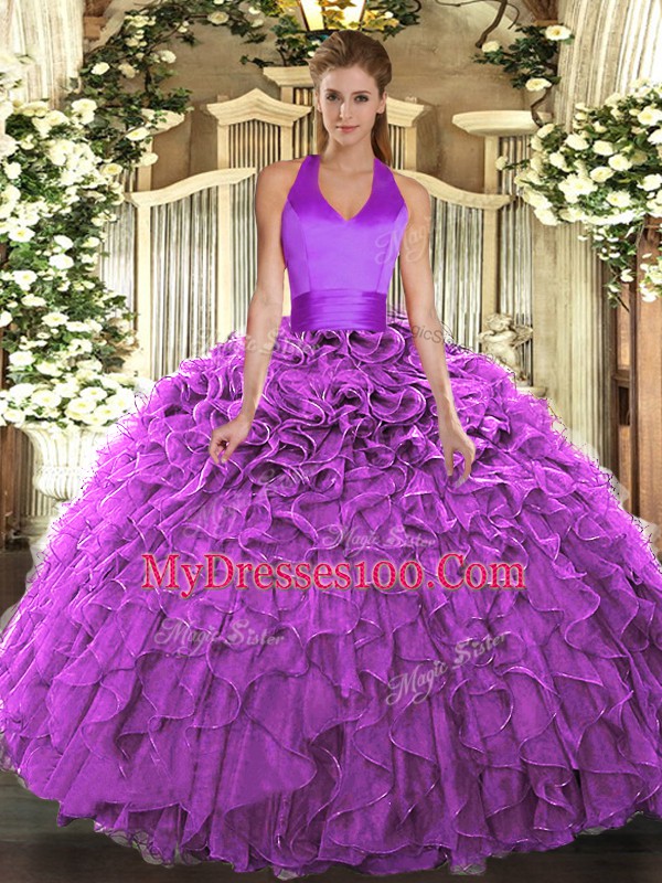 Pretty Ball Gowns Ball Gown Prom Dress Fuchsia Halter Top Organza Sleeveless Floor Length Lace Up