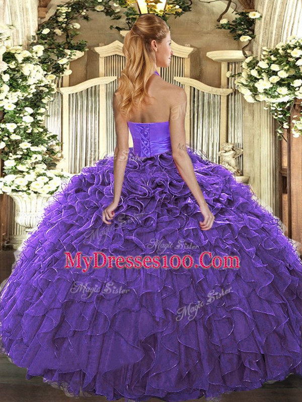 Pretty Ball Gowns Ball Gown Prom Dress Fuchsia Halter Top Organza Sleeveless Floor Length Lace Up