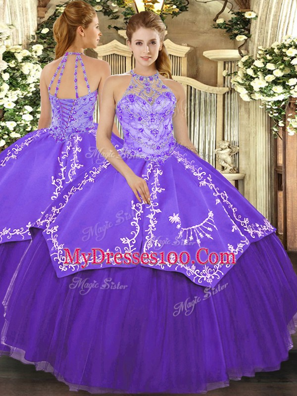 Floor Length Lace Up Quinceanera Dresses Purple for Military Ball and Sweet 16 and Quinceanera with Beading and Embroidery