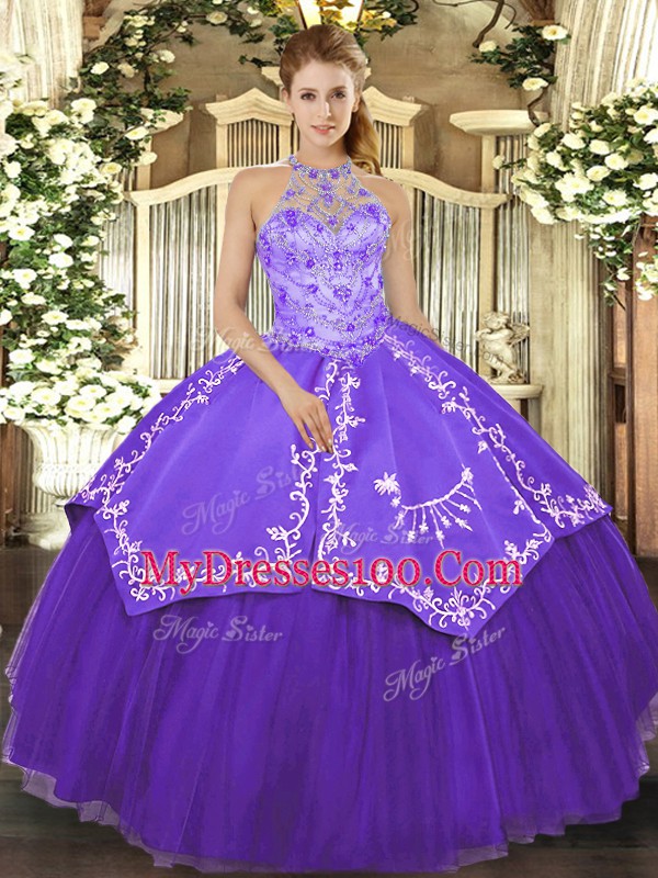 Floor Length Lace Up Quinceanera Dresses Purple for Military Ball and Sweet 16 and Quinceanera with Beading and Embroidery