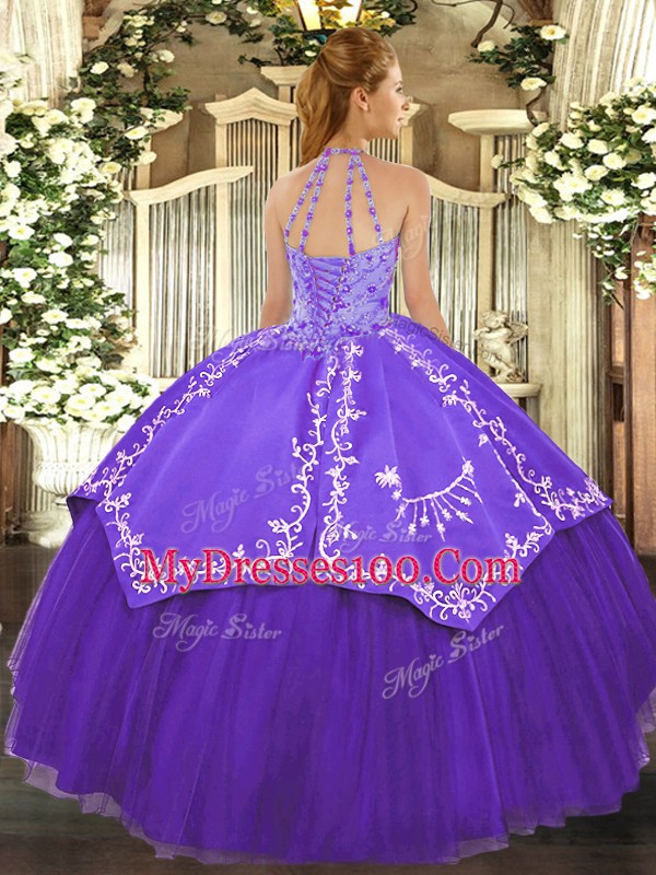 Floor Length Lace Up Quinceanera Dresses Purple for Military Ball and Sweet 16 and Quinceanera with Beading and Embroidery