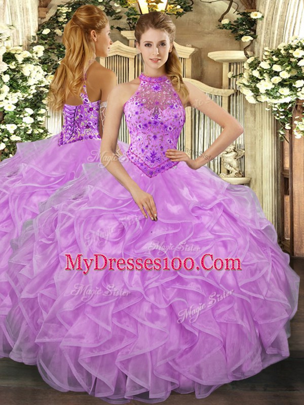 Super Lavender Organza Lace Up Vestidos de Quinceanera Sleeveless Floor Length Beading and Ruffles