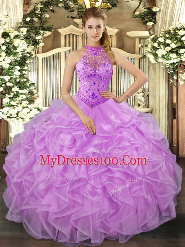 Super Lavender Organza Lace Up Vestidos de Quinceanera Sleeveless Floor Length Beading and Ruffles