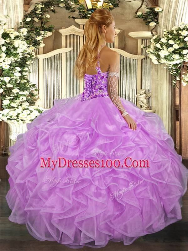 Super Lavender Organza Lace Up Vestidos de Quinceanera Sleeveless Floor Length Beading and Ruffles