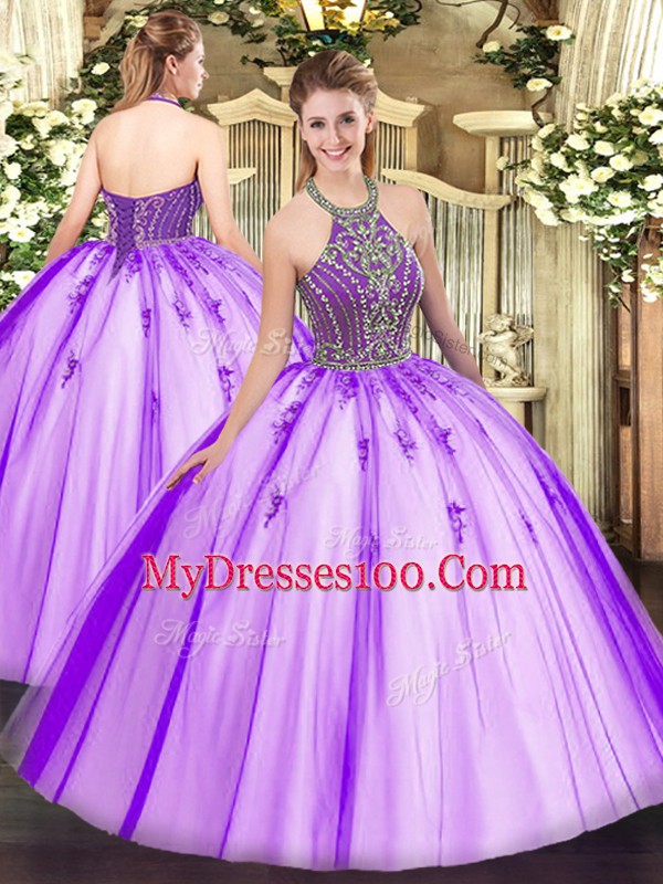 Custom Made Eggplant Purple Ball Gowns Beading Quince Ball Gowns Lace Up Tulle Sleeveless Floor Length