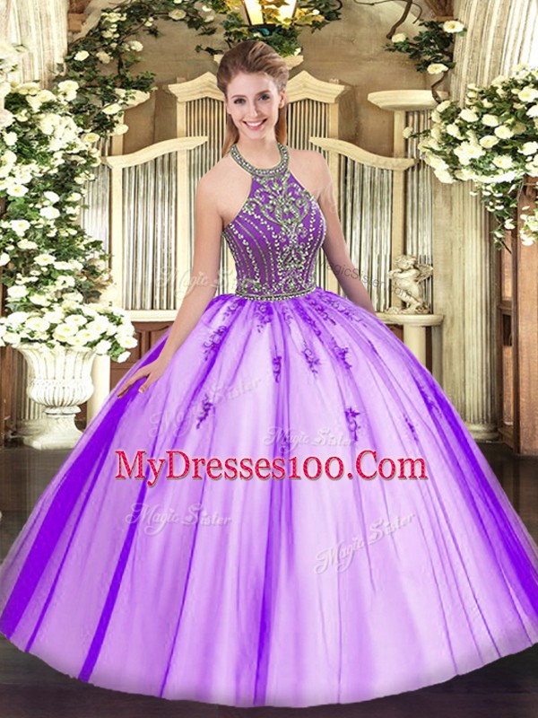 Custom Made Eggplant Purple Ball Gowns Beading Quince Ball Gowns Lace Up Tulle Sleeveless Floor Length