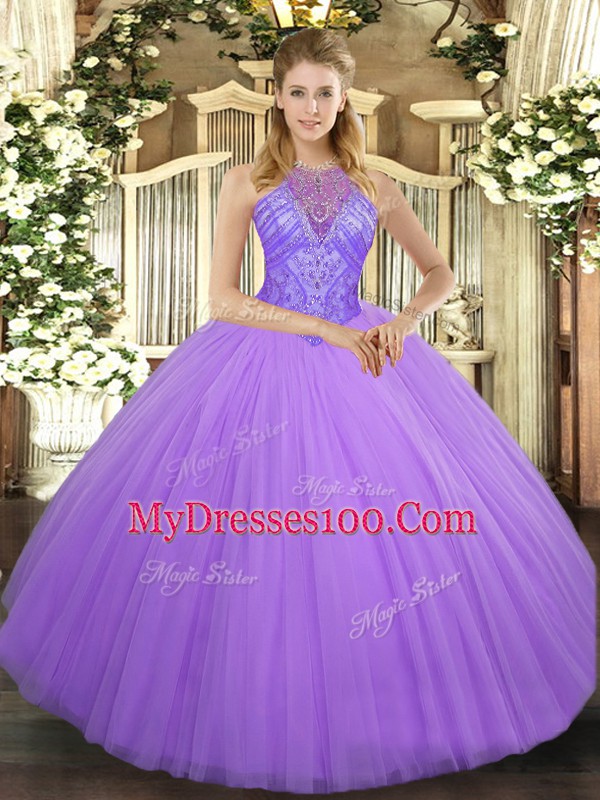 Sleeveless Beading Lace Up Quince Ball Gowns