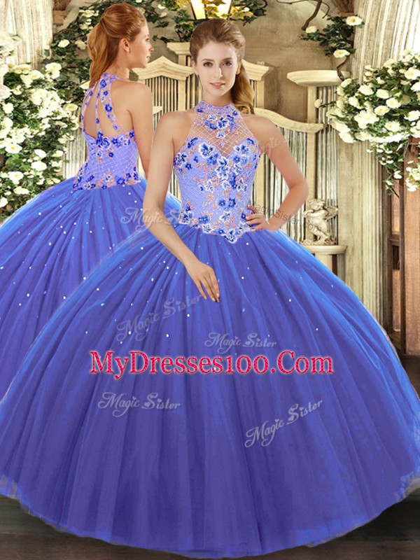 Floor Length Blue Quinceanera Gown Halter Top Sleeveless Lace Up