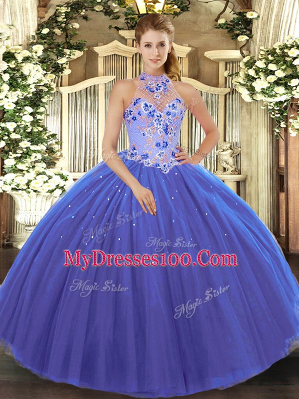 Floor Length Blue Quinceanera Gown Halter Top Sleeveless Lace Up