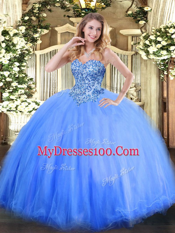 Spectacular Blue Ball Gowns Sweetheart Sleeveless Tulle Floor Length Lace Up Appliques 15 Quinceanera Dress