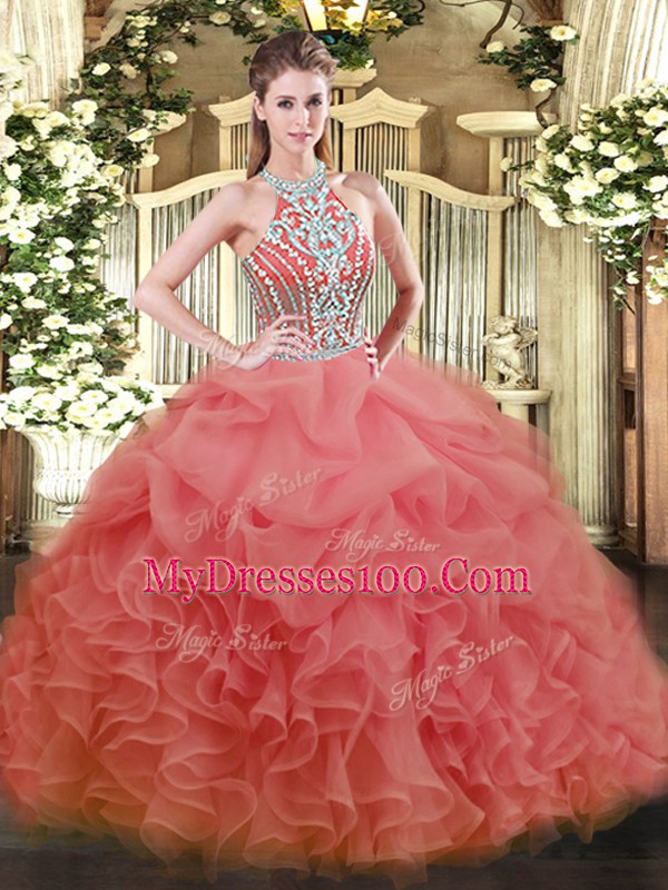 Pretty Watermelon Red Ball Gowns Beading 15th Birthday Dress Lace Up Tulle Sleeveless Floor Length