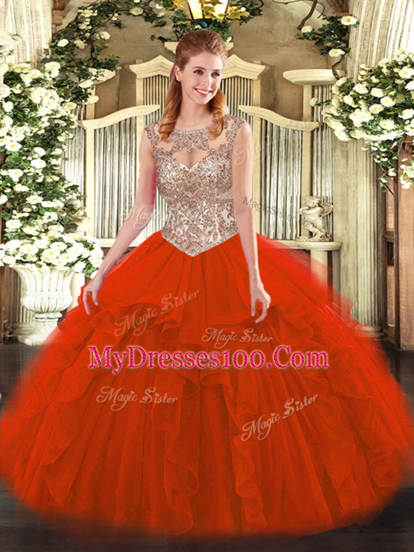 Fashion Red Sleeveless Tulle Lace Up Quinceanera Gowns for Military Ball and Sweet 16 and Quinceanera