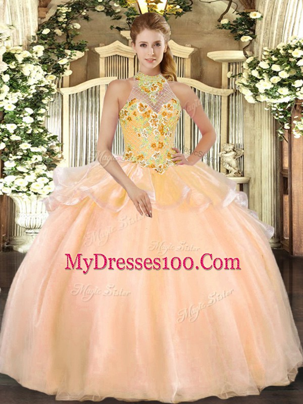 Hot Sale Peach Sleeveless Floor Length Embroidery Lace Up Quinceanera Dresses