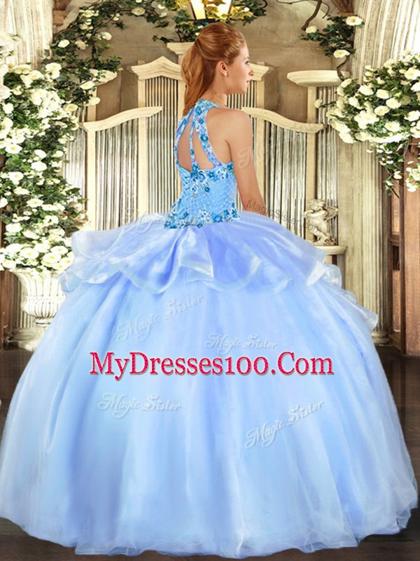 Hot Sale Peach Sleeveless Floor Length Embroidery Lace Up Quinceanera Dresses