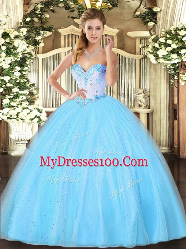 Tulle Sweetheart Sleeveless Lace Up Beading 15th Birthday Dress in Aqua Blue
