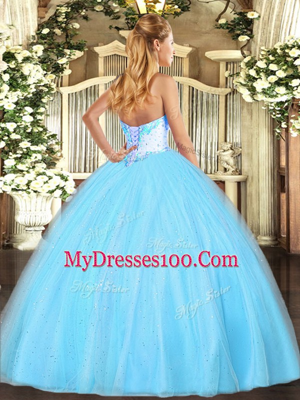 Tulle Sweetheart Sleeveless Lace Up Beading 15th Birthday Dress in Aqua Blue
