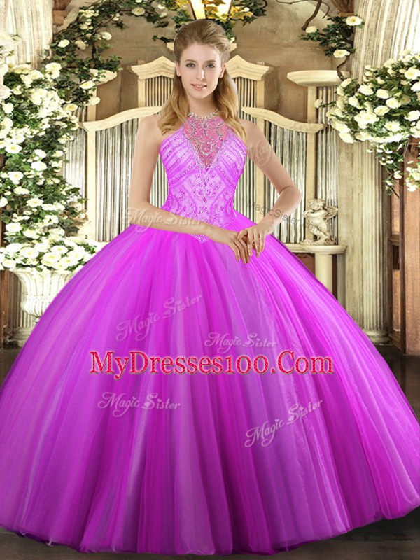 Simple Beading Quince Ball Gowns Fuchsia Lace Up Sleeveless Floor Length