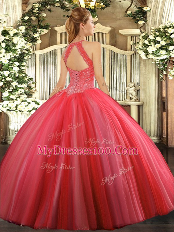 Simple Beading Quince Ball Gowns Fuchsia Lace Up Sleeveless Floor Length