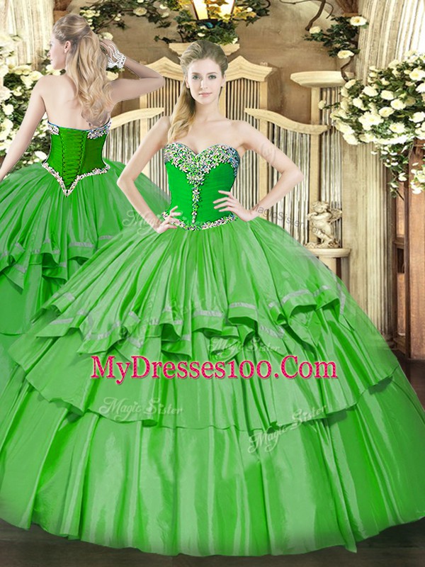 Hot Sale Sleeveless Floor Length Beading and Ruffled Layers Lace Up Vestidos de Quinceanera with Green