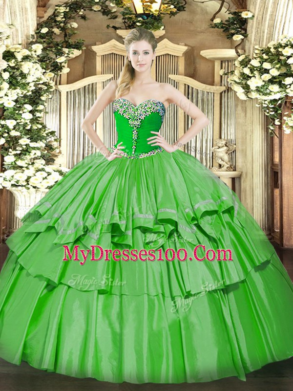 Hot Sale Sleeveless Floor Length Beading and Ruffled Layers Lace Up Vestidos de Quinceanera with Green