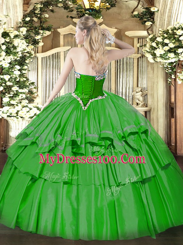 Hot Sale Sleeveless Floor Length Beading and Ruffled Layers Lace Up Vestidos de Quinceanera with Green