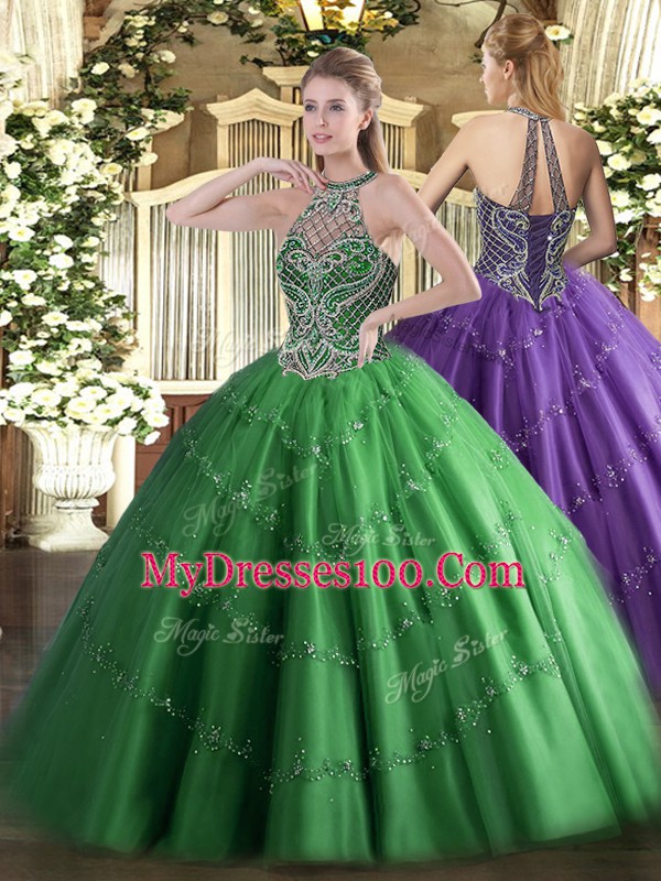 Exquisite Green Sleeveless Beading Floor Length Quinceanera Gown