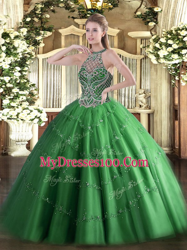 Exquisite Green Sleeveless Beading Floor Length Quinceanera Gown