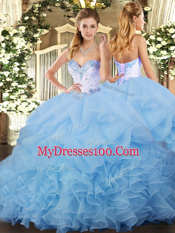 Comfortable Blue Ball Gowns Beading and Ruffles and Pick Ups Sweet 16 Quinceanera Dress Lace Up Organza Sleeveless