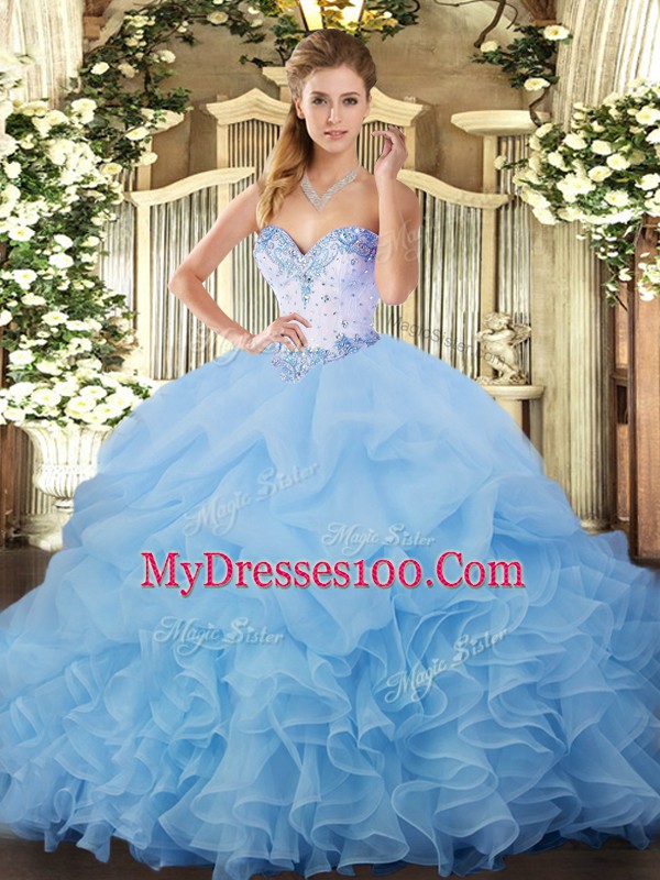 Comfortable Blue Ball Gowns Beading and Ruffles and Pick Ups Sweet 16 Quinceanera Dress Lace Up Organza Sleeveless
