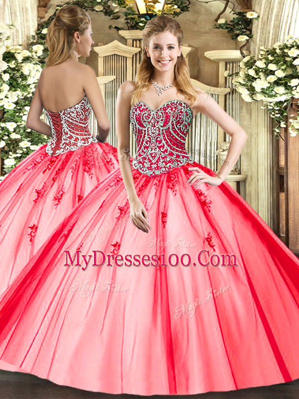 Coral Red Sleeveless Floor Length Beading and Appliques Lace Up 15 Quinceanera Dress
