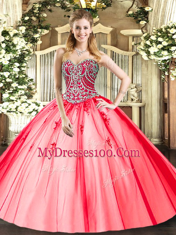 Coral Red Sleeveless Floor Length Beading and Appliques Lace Up 15 Quinceanera Dress