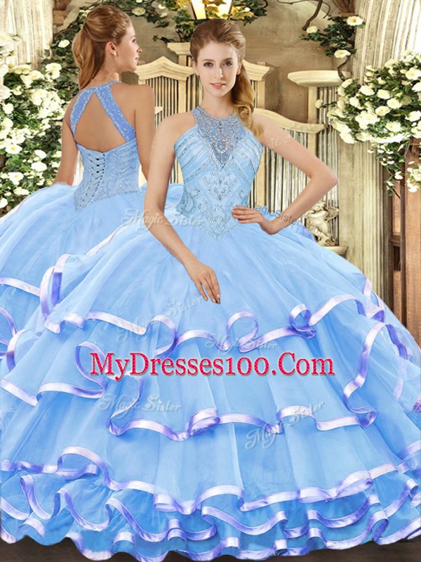 Discount Aqua Blue Sleeveless Beading and Ruffled Layers Floor Length Ball Gown Prom Dress