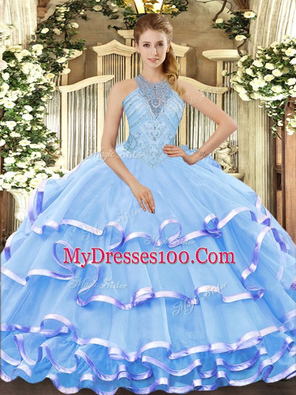 Discount Aqua Blue Sleeveless Beading and Ruffled Layers Floor Length Ball Gown Prom Dress